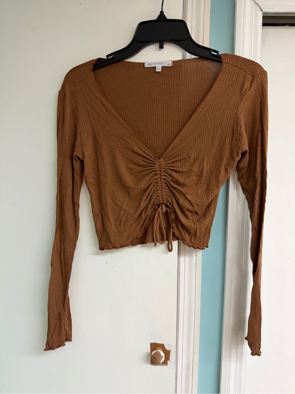 Antistar Ruched V-Neck Long-Sleeve Crop Top in Brown